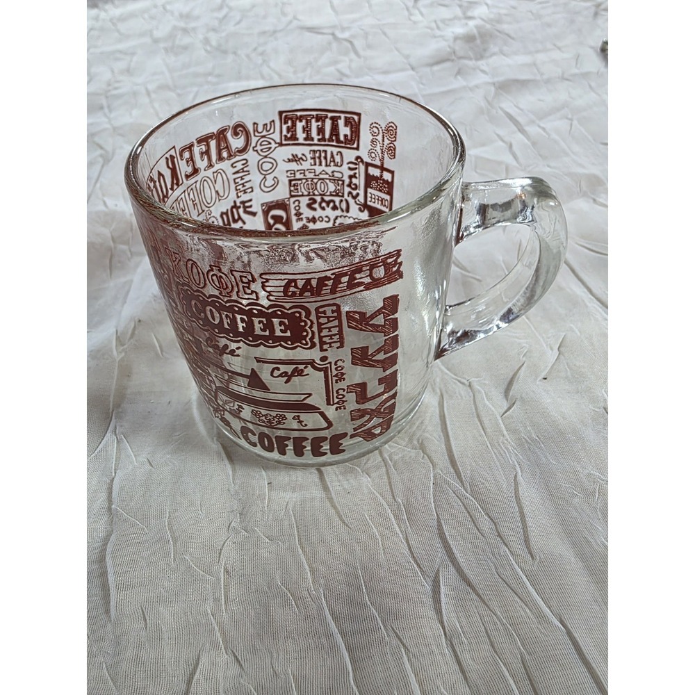 Vintage Libbey World of Coffee Clear Glass Cup Mug Multi Language Coffee EUC